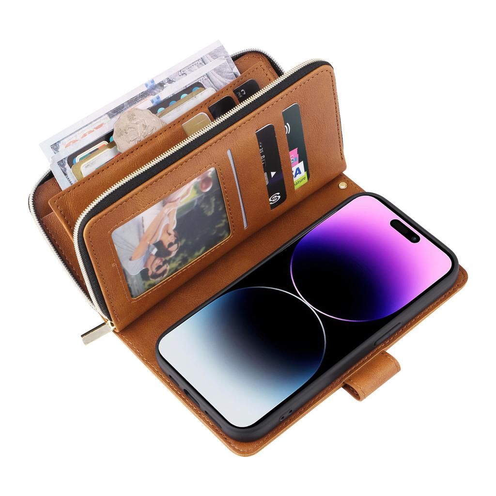 For iPhone 15 Pro Cases 9 Card Slots PU Leather Wallet Zippered Phone Stand Cover