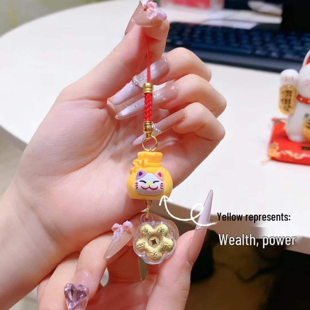 Golden Lucky Cat Keychain & Phone Lanyard - Cute Cartoon Bell Charm for Women's Accessories