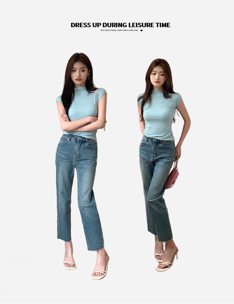 2026 Spring/Summer Women's Elegant Slim-Fit Semi-High Neck Short-Sleeve T-shirt