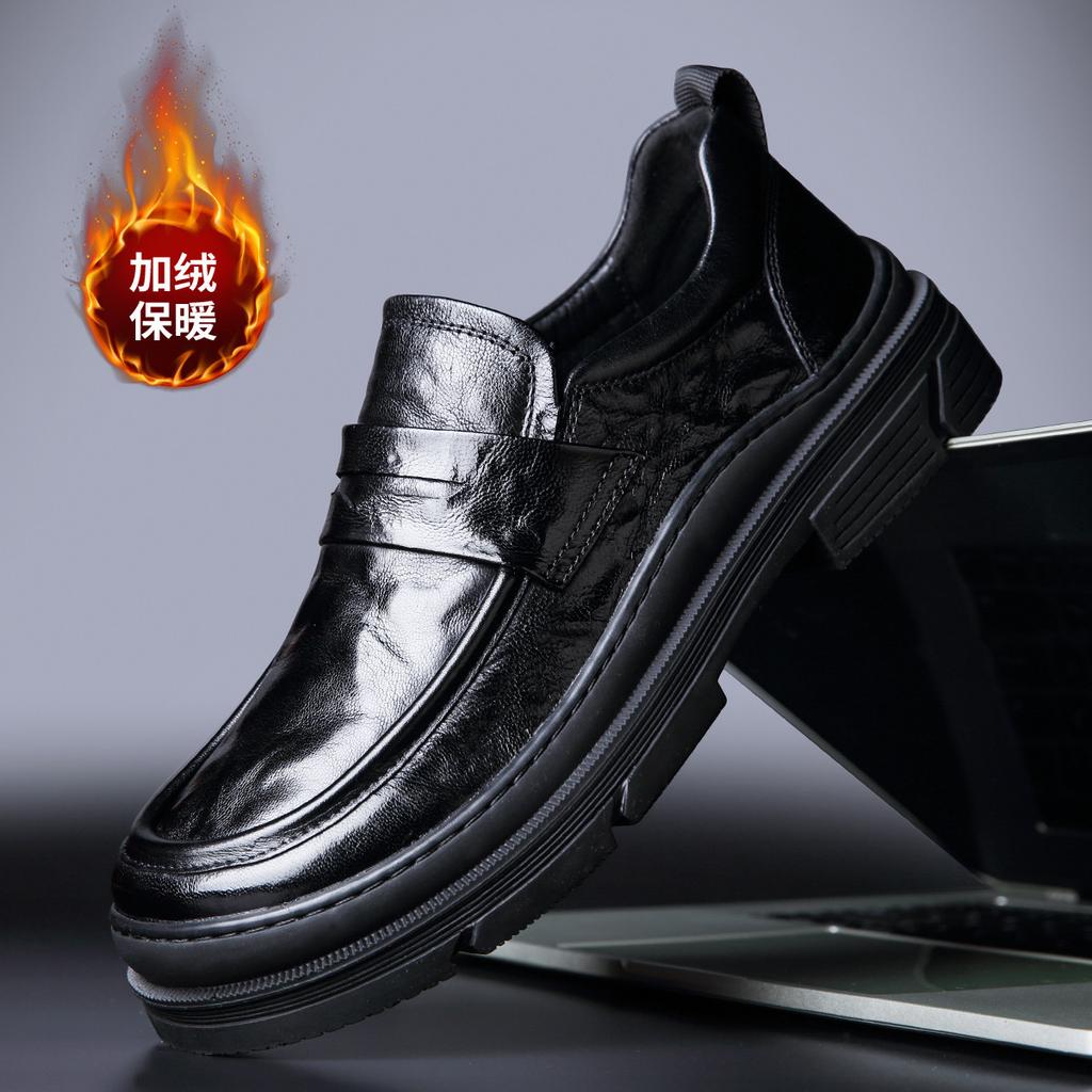 2025 Men's Leather Shoes with One Foot British Style Loafers Genuine Leather Business Trend Leather Shoes Men's Casual High Sense