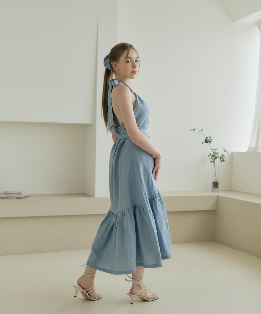 Belrma Sky Linen Back-Open Ribbon Halterneck Dress