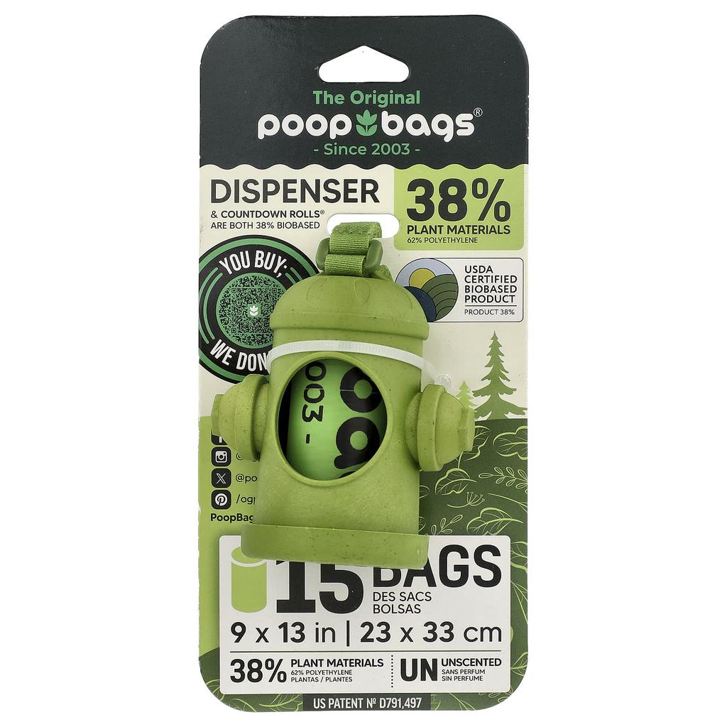 Original Poop Bags, Dispenser + Bag, Green, Unscented, 1 Count, 15 Bags