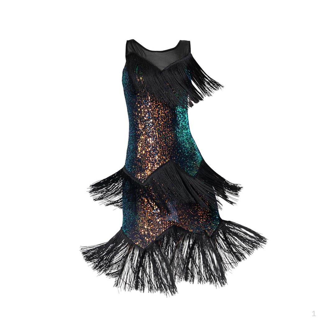 Elegancka sukienka do tańca latynoamerykańskiego z połyskującymi cekinami i spódnicą z frędzlami