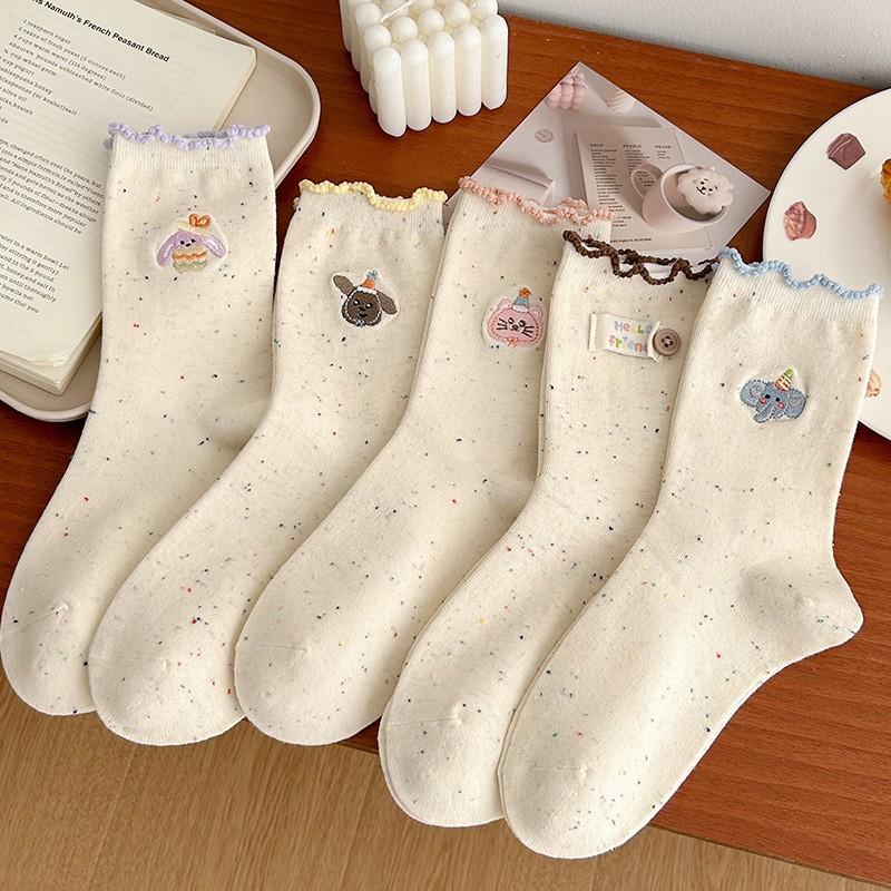 Socks Pure Cotton Stacking Socks Season Idea Yarn Cute Cartoon Embroidered Fungus Edge Cotton Medium Tube Socks