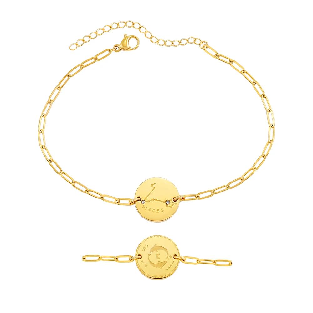 New Handmade Engraved 12 Constellation Pattern Symbol Bracelet Waterproof Hypoallergenic Paper Clip Chain Zodiac Sign Bracelets