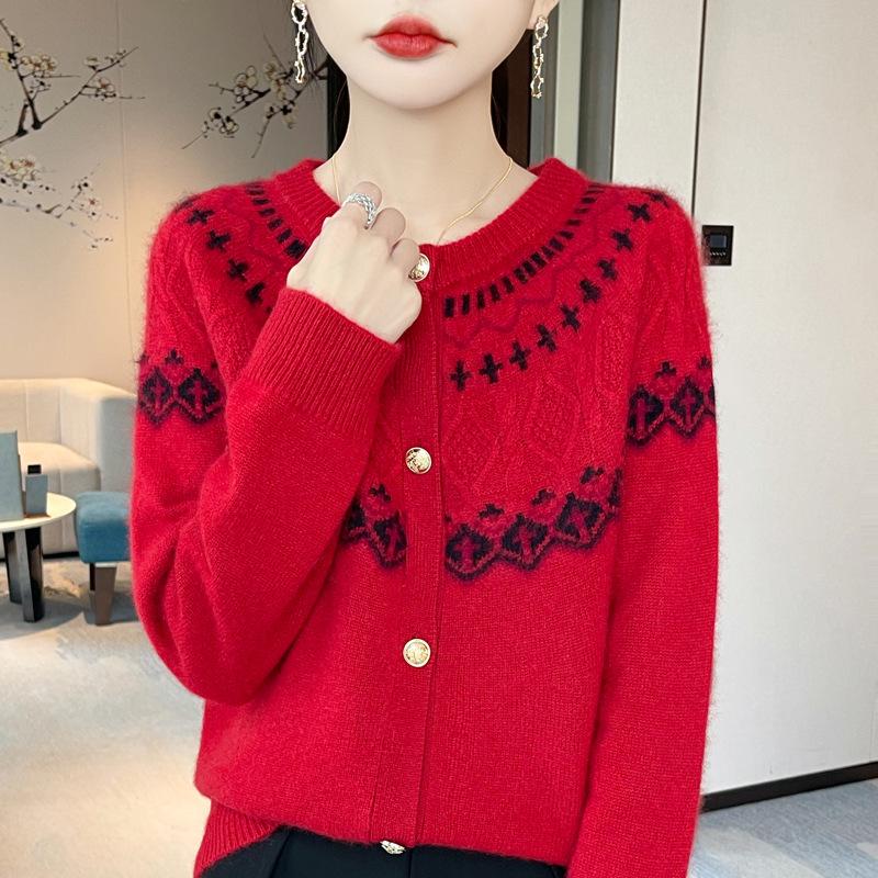 Women's Autumn-Winter Color Block 100% Wool Jacquard Cardigan – Round Neck, Age-Reducing, Versatile Knitwear