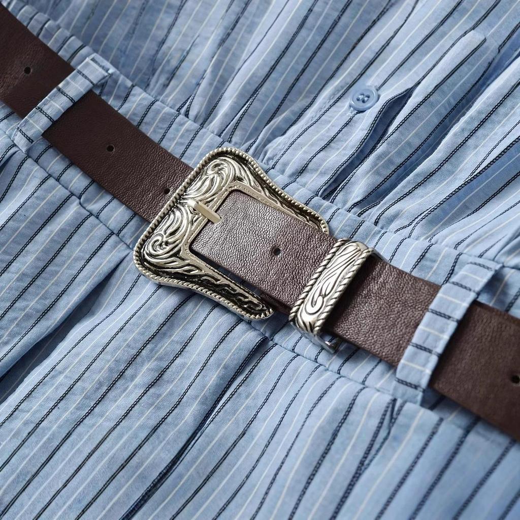 2025 Retro Sweet Spicy Striped Dress with Waistband and Pleated Skirt