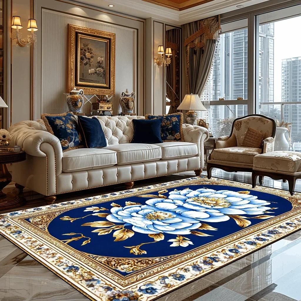 Deluxe European Style Carpet for Living Room Blue Home Decor Bedroom Tea Table Soft Rug Washable Short Plush Lounge Floor Mats