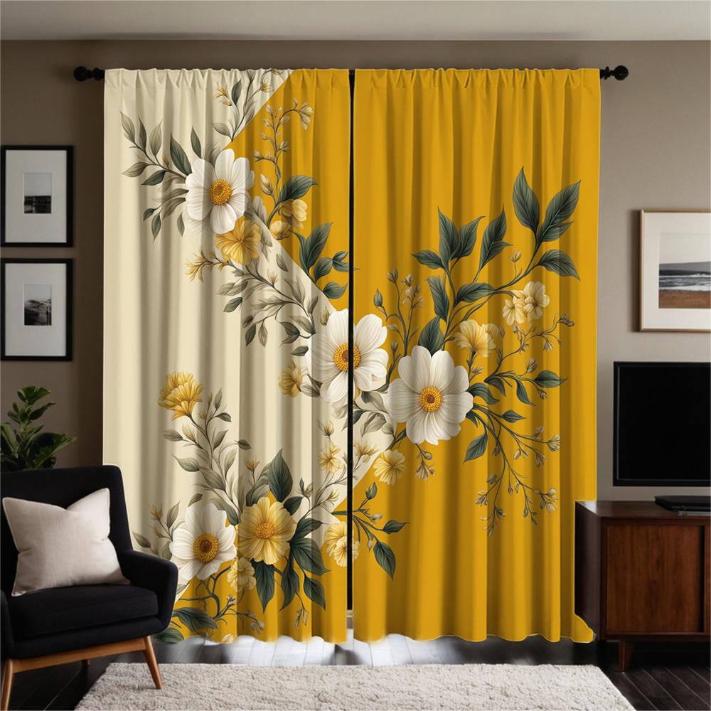 Piece Set High Definition Digital Printed Curtainyellow Background Floral Pattern White Yellow Flowers Green Curtain Made Of Polyester