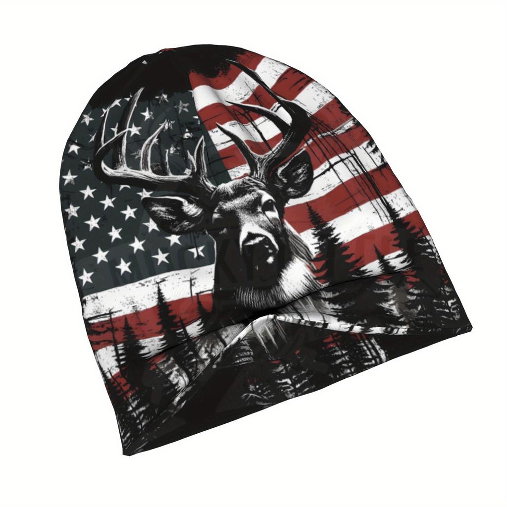 1Pc Fashionable Deer & American Flag Print Skullies Beanie - Polyester & Elastane Knitted Sport Hat For Outdoor Activities