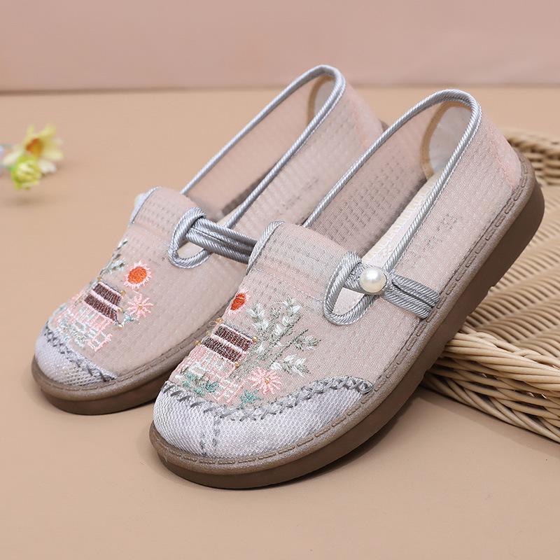 Schuhe Damen weiche Sohle Sommer neue Modelle nicht müde Füße Einzelschuhe runde Zehenpartie Damenschuhe Slipper Damenschuhe flacher Ausschnitt bestickt Mutter