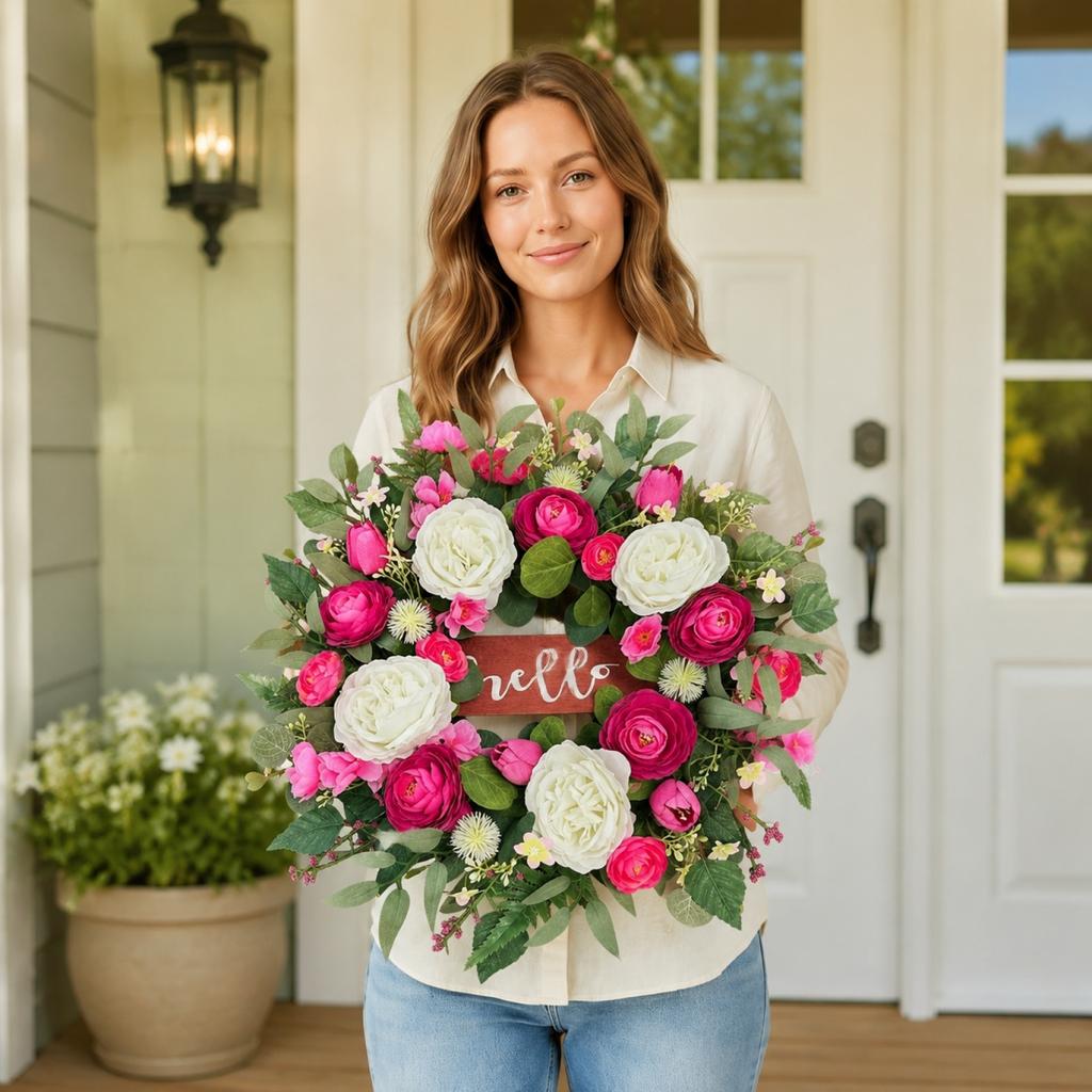 Corona de Flores Artificiales de Primavera 3D de 50 cm con Elementos Florales Mixtos y Vegetación para Pantalla Estacional en Interiores y Exteriores del Hogar