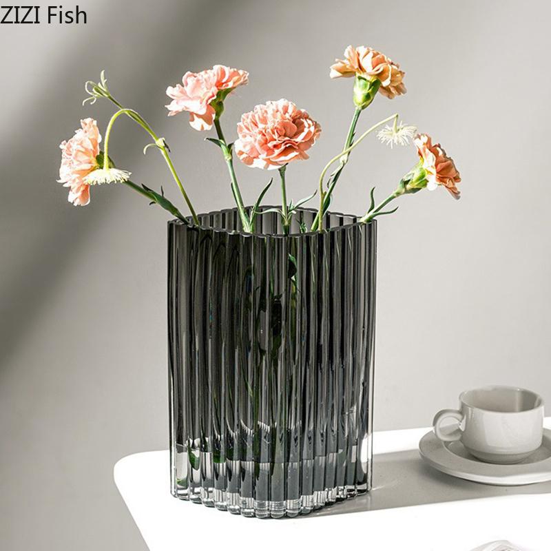 Vertical Grain Texture Glass Vase Hydroponics Plant Pots Table Decoration Flower Arrangement Floral Vases Room Aesthetic Decor