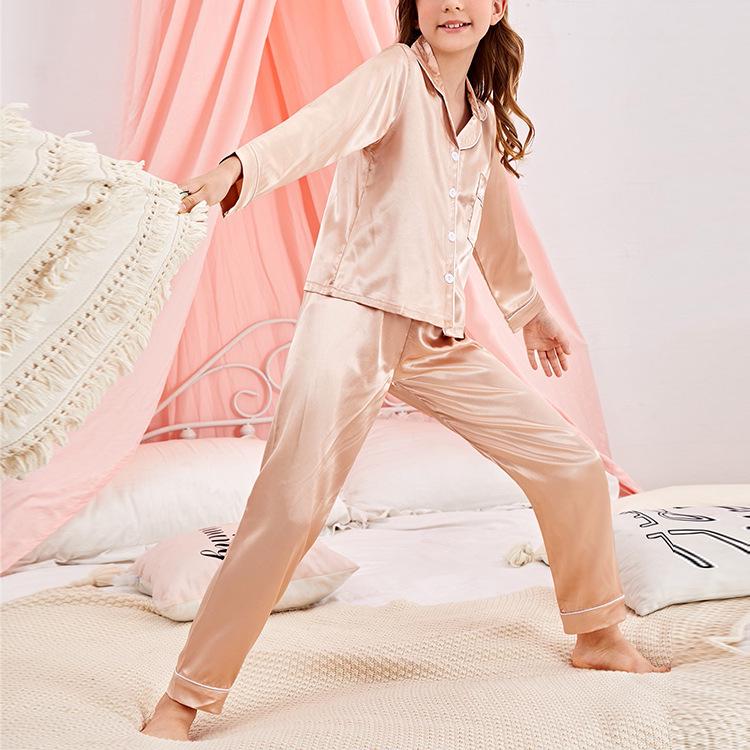 Conjunto de Pijama de Satén de Verano Transfronterizo para Niños - Manga Corta de Color Sólido para Niños y Niñas