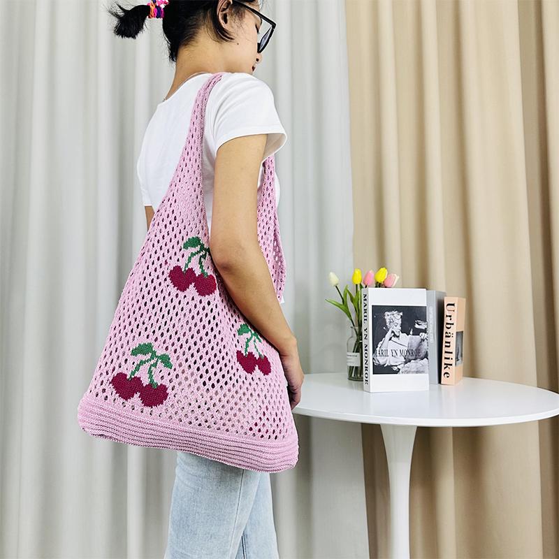 New I-Knitted Bag Knitted Bag Large Capacity Tote Bag Cherry Shoulder Bag