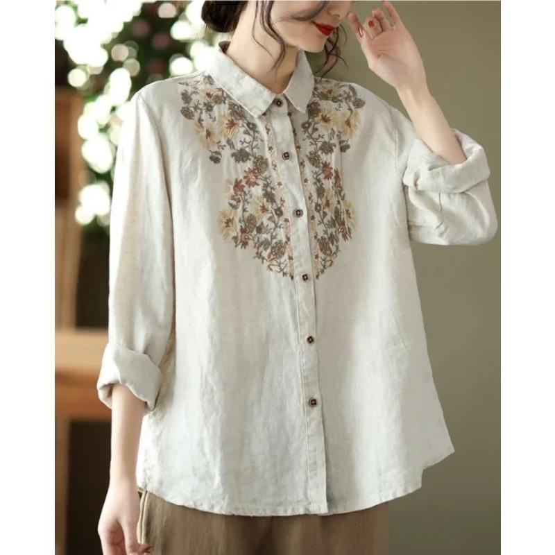 Retro Blouses Women National Shirt Linen Shirt Loose Embroidered Blous Laple Long Sleeve Cardigan Shirts