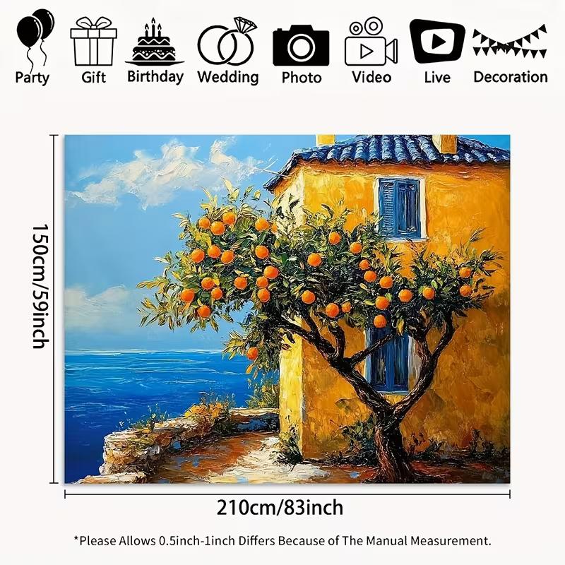 2D Vibrant Mediterranean Scenery Backdrop Orange Tree Yellow House & Sea Studio Background
