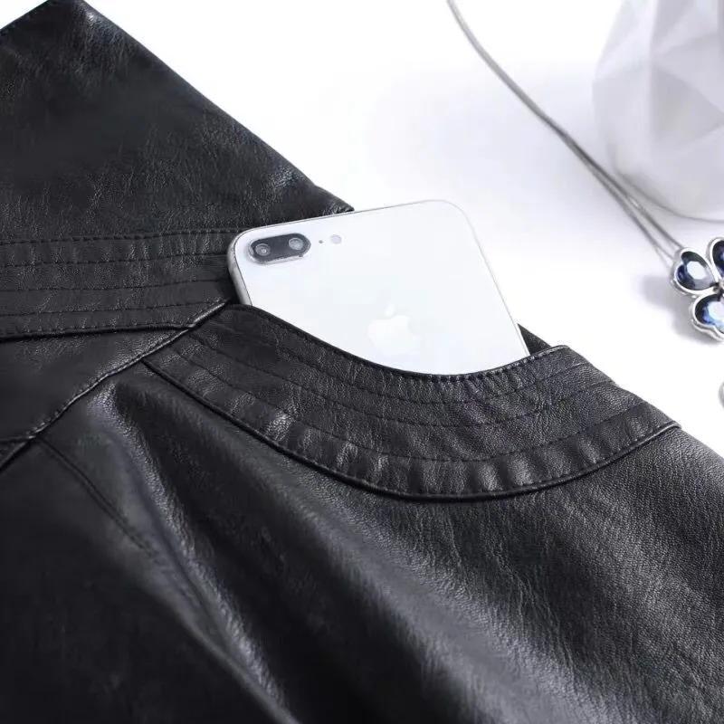 Damen Herbst Winter Schwarzer A-Linien Midi-Rock aus Kunstleder mit Taschen