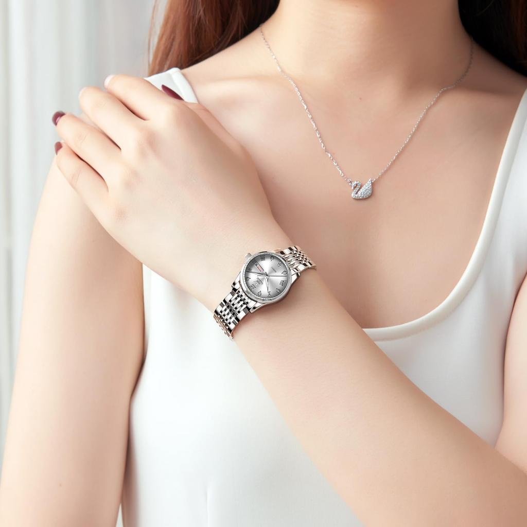 OLEVS Ladies Watch Analog Quartz Popular Waterproof Watch White Business Stylish Silver Dial Small Stainless Steel Band Ladies Watch White Date Day of