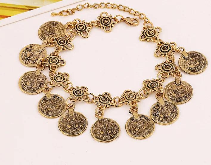 Party Hippy Boho Beach Turkish Jewelry Gold Color Coin Vintage Bohemia Carved Coin Anklet Bracelets Bangles for Woman Pulseras