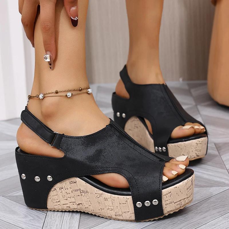 Fashion Retro Thick Sole Wedge Sandals for Women Summer Peep Toe Chunky Platform Sandals Woman Hollow PU Leather Roman Sandalias Mujer