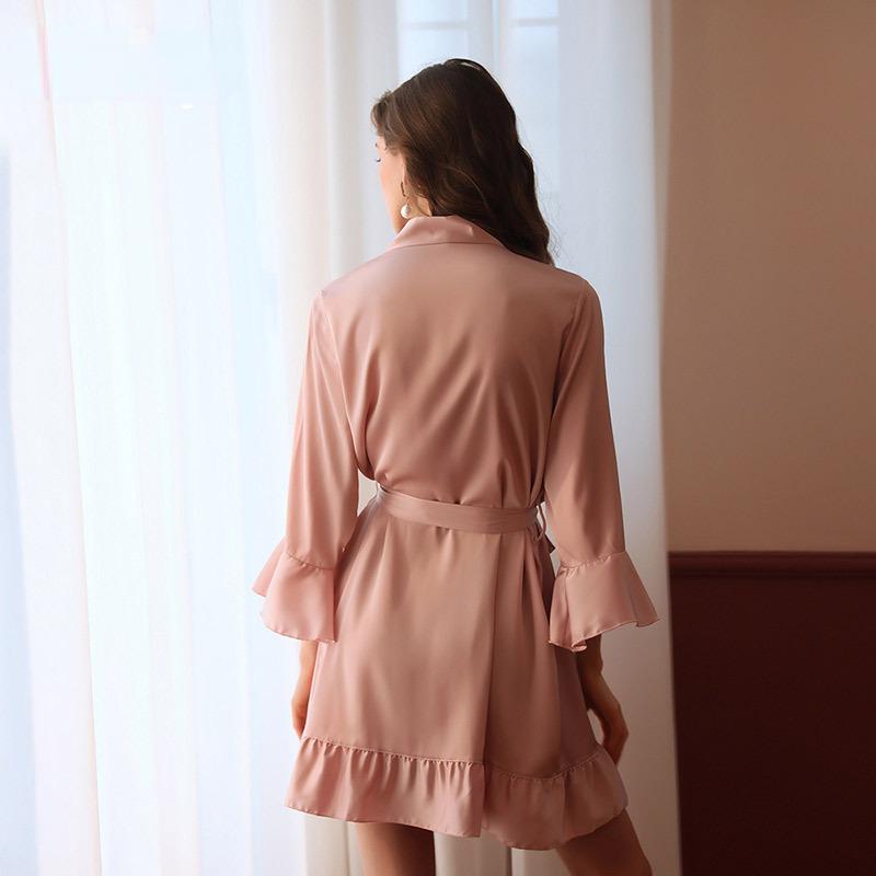 Temptation Private Room Sexy Pajamas Pure Desire Simulation Silk Lotus Leaf Cuff Cardigan Robe Nightgown