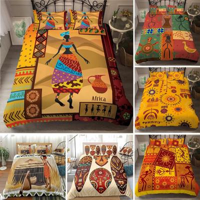 Mujer Africana Rey Reina Funda Nórdica Retro Exótico Tribal Patrón Niña Negra Juego de Cama África Poliéster Funda de Edredón Funda de Almohada