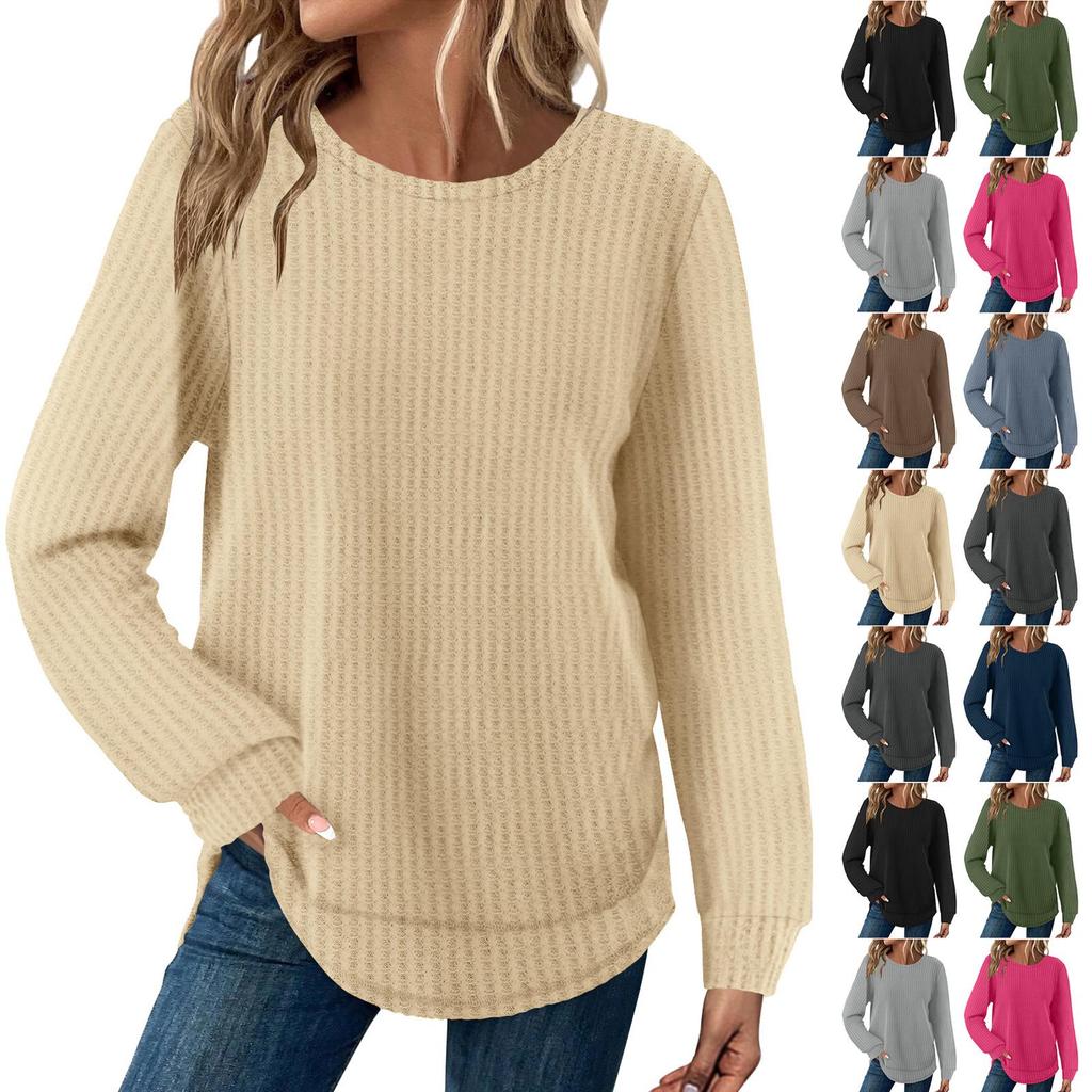 2025 European Style Women's Casual Loose Solid Long Sleeve Waffle Knit Round Neck Top