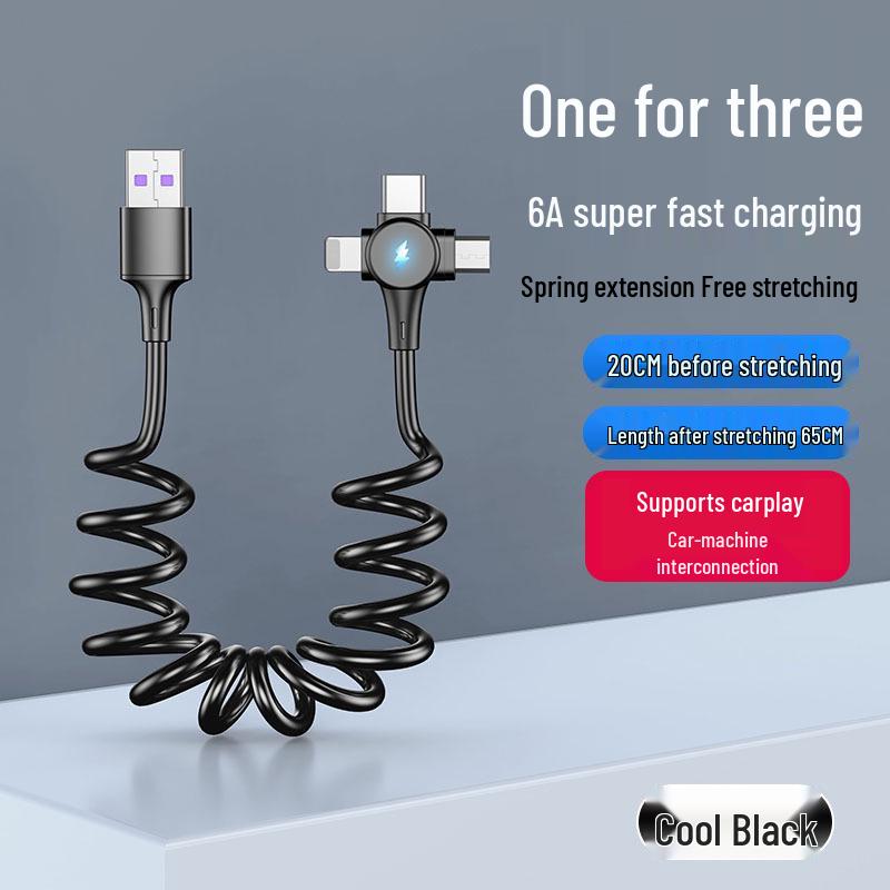 Câble USB Rétractable à Ressort Double Coude 6A Charge Rapide pour Téléphones & Voitures