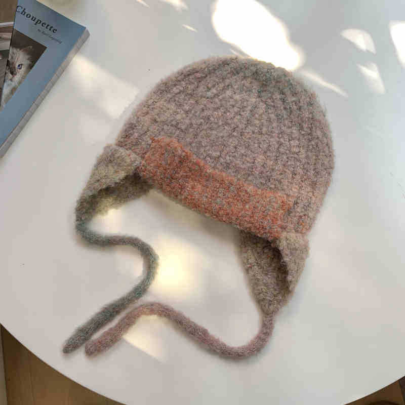 

Autumn and Winter Hats for Women Cute Little Face Showing Knitted Lei Feng Hat Ear Protection Woolen Hat Warm Plush Mohair Cold Hat Trendy one size
