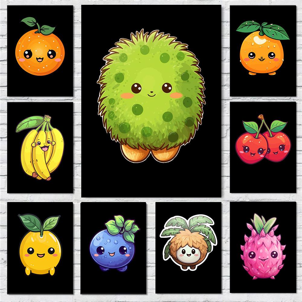 Cartoon Cute Smiling Fruits Posters Canvas Painting Modern Wall Art Pictures For Living Room Bedroom Dining Room Home Decoration