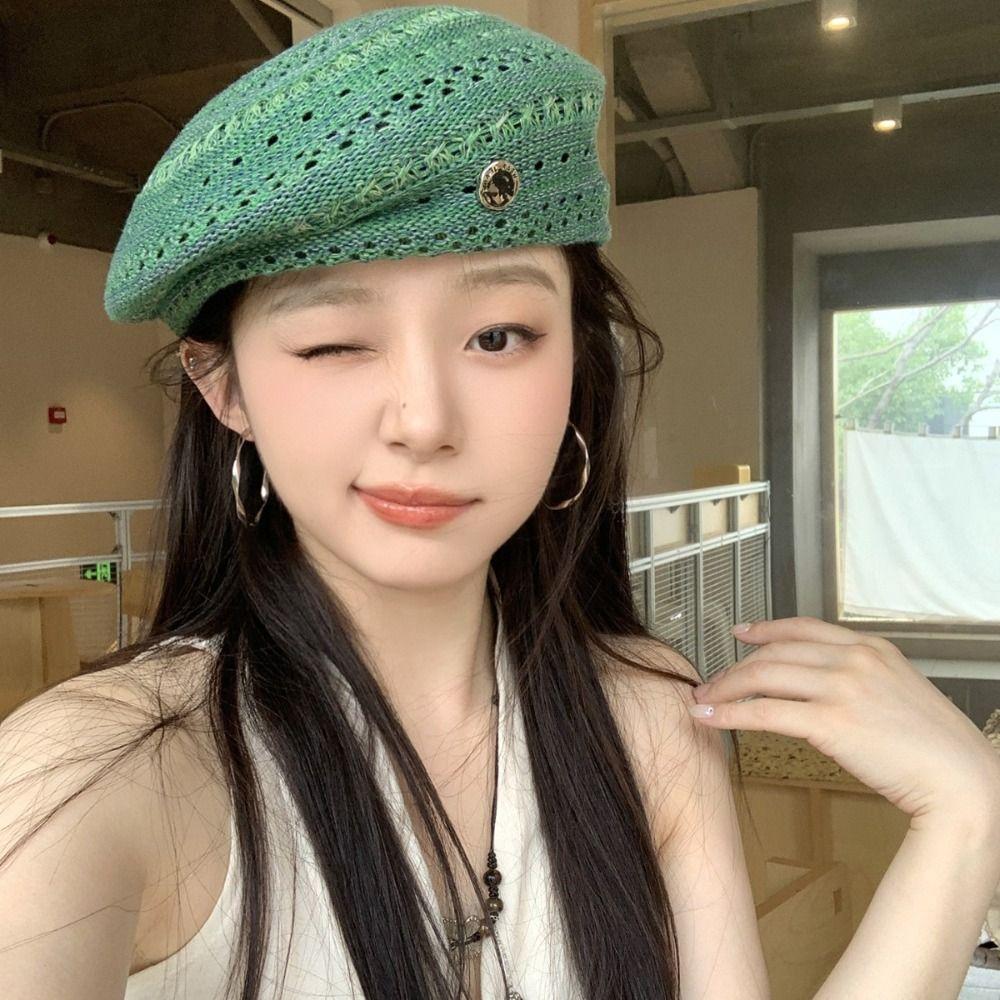 Vintage Hollowed Out Beret Hat Japanese Style Crochet Knitted Cap Elegant Weave Painter Hat  Spring