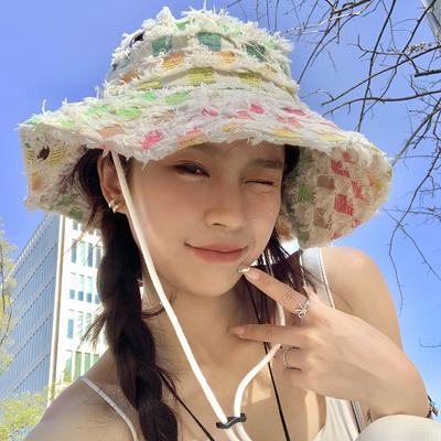 American Colorful Breasted Women's Summer Versatile Big Hat Showing Face Small Hiking Hat Big Face Slim Hat Trendy Fisherman's Hat
