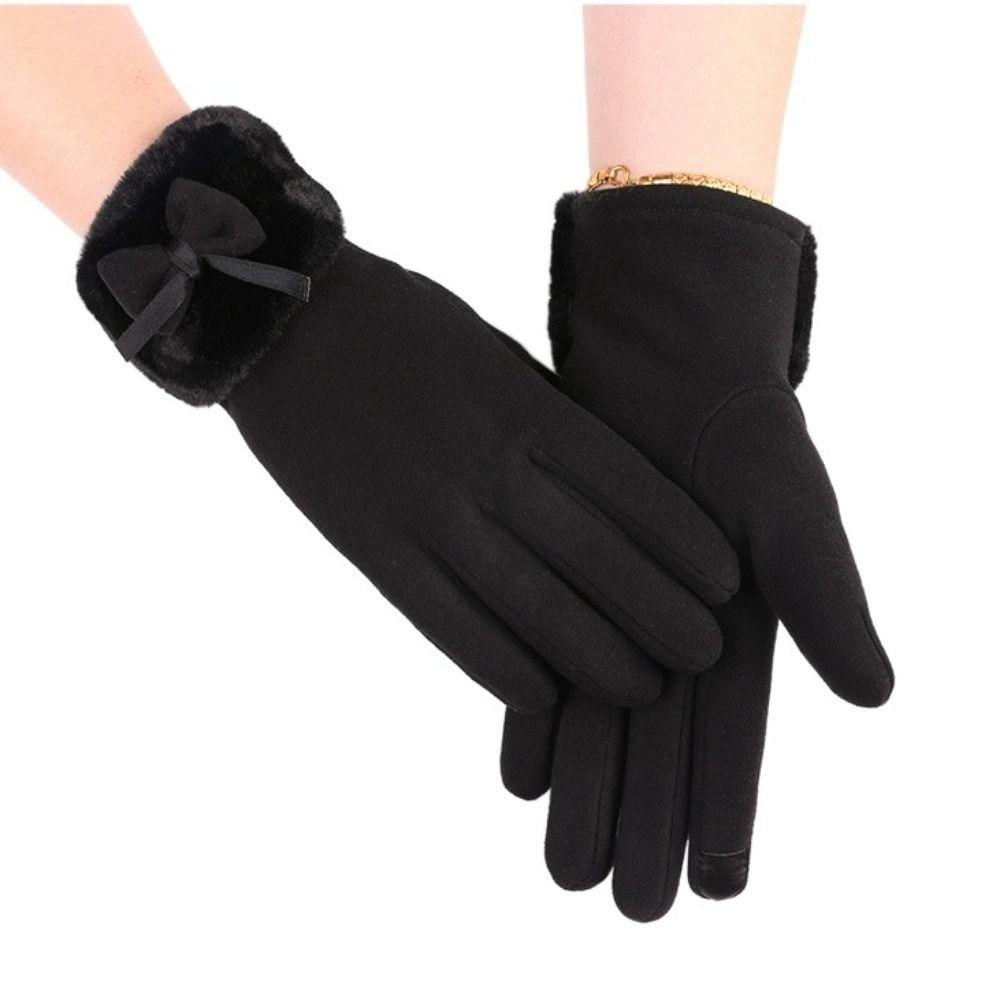 Bow Thickened Suede Gloves Soft Windproof Finger Mittens All-Match Women Anti-cold Gloves  Outdoor