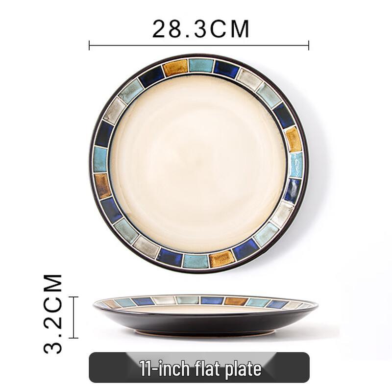 Nordic Blue Grid Underglaze Ceramic Dinner Plate