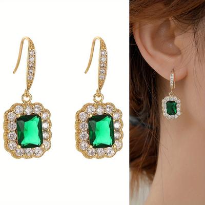 Green Quadrate Zirzon Earrings Inlaid Rhinestones Luxury Jewelry Alloy Drop Earrings Perfect Female Accessory For Women Daily And Party Decor