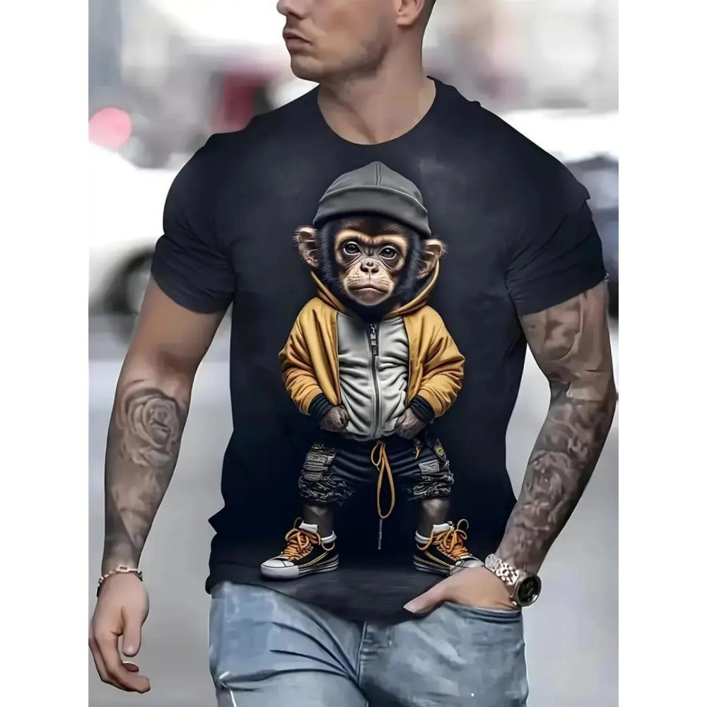 Summer Men Monkey Pattern T-Shirt Hip Pop Short Sleeve Fashion Comfortable Soft Large Size Round Neck T-Shirt