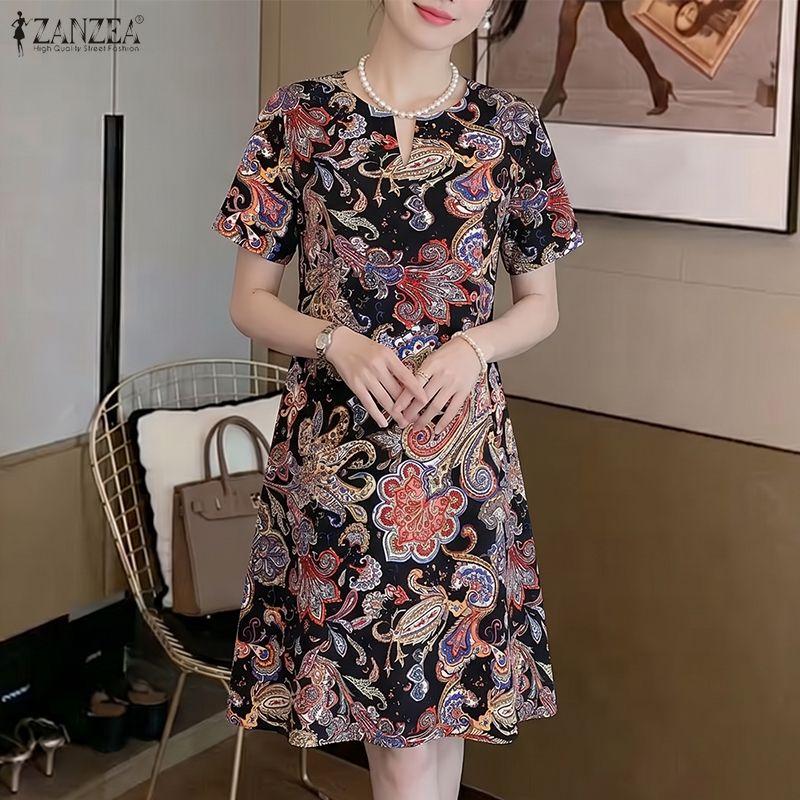 ZANZEA Women Ethnic Print Casual V-Neck Summer Short Sleeve Dress S чёрный