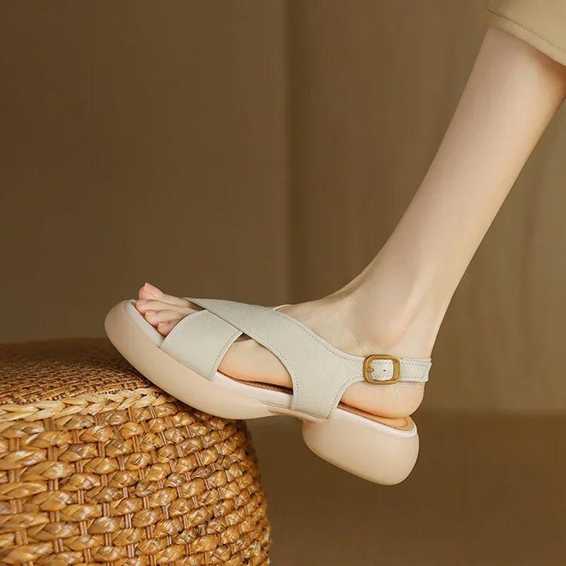 NEW Summer Women Sandals Genuine Leather for  Round Toe Thick Heel Csaual Band Platform  Handmade