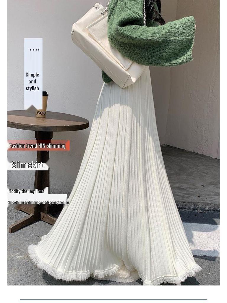 Höst/Vinter Tofsstickad Veckad A-linje Midi-kjol: Figursmickrande och höfttäckande