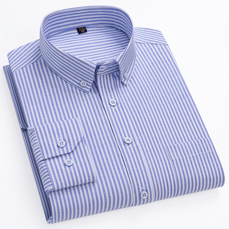 New Cotton Oxford Shirts Men's Long Sleeves Stripe Thin Soft Regular Fit Formal Dress Shirt Pocket Social Blouse Male Clothing