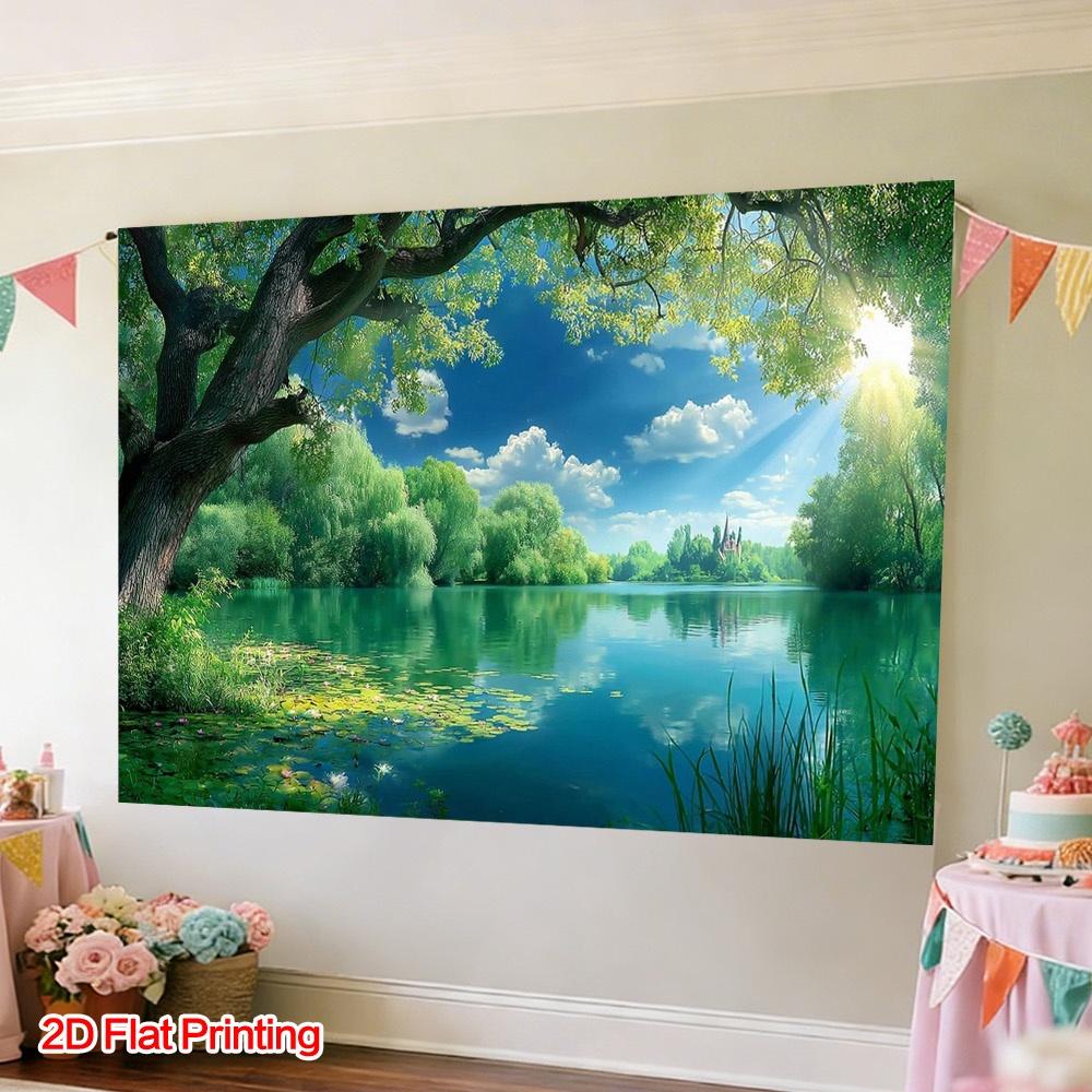 One Summer Lake-side Photography Backdrop Fabric Made of Polyester Is Highly Suitable for Garden Living Room and Wedding