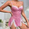 Valentine's Day Heart Print Lace Pajama Set for Women - Sexy Pink Nightgown with Heart-Shaped Slit