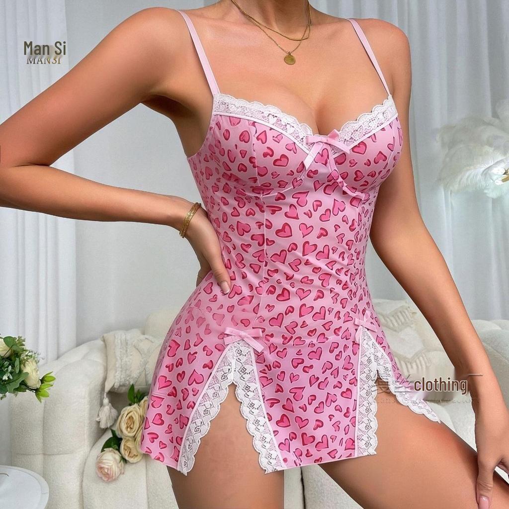 Valentine's Day Heart Print Lace Pajama Set for Women - Sexy Pink Nightgown with Heart-Shaped Slit
