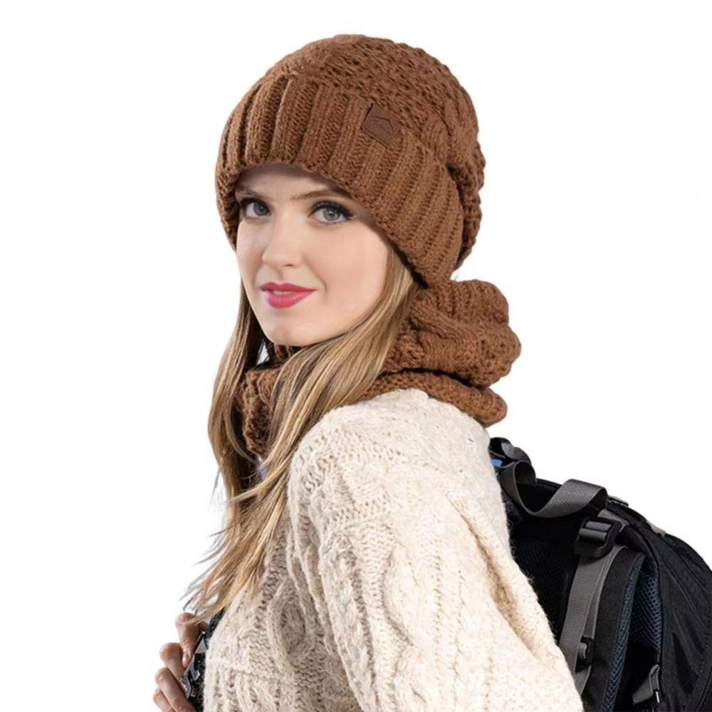 Fleece Lined Winter Beanie Hat Scarf Set Soft Warm Wool Hat Thermal Knit Cap  Skiing