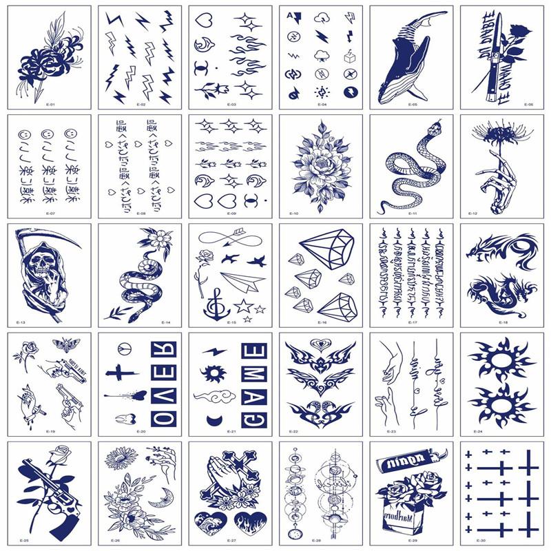 30pcs Ins Cartoon Love Flower Butterfly Snake Magic Tattoo Sticker Body Art Arm Fake Tattoos Waterproof Long Lasting English Letter Temporary Tattoo