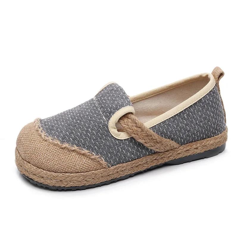 Fashion Women Striped Linen Canvas Flat Shoes Vegan Hemp Comfortable Ladies Casual Espadrilles Loafers Grey Blue 2024