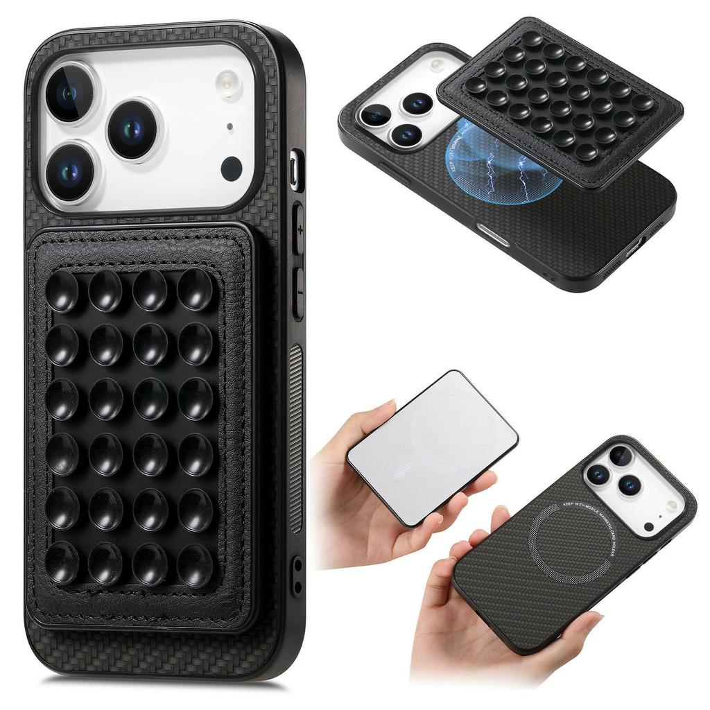 For iPhone 17 Pro Max Case Carbon Fiber Texture Leather Back Cover with Magnetic Detachable Suction Cup