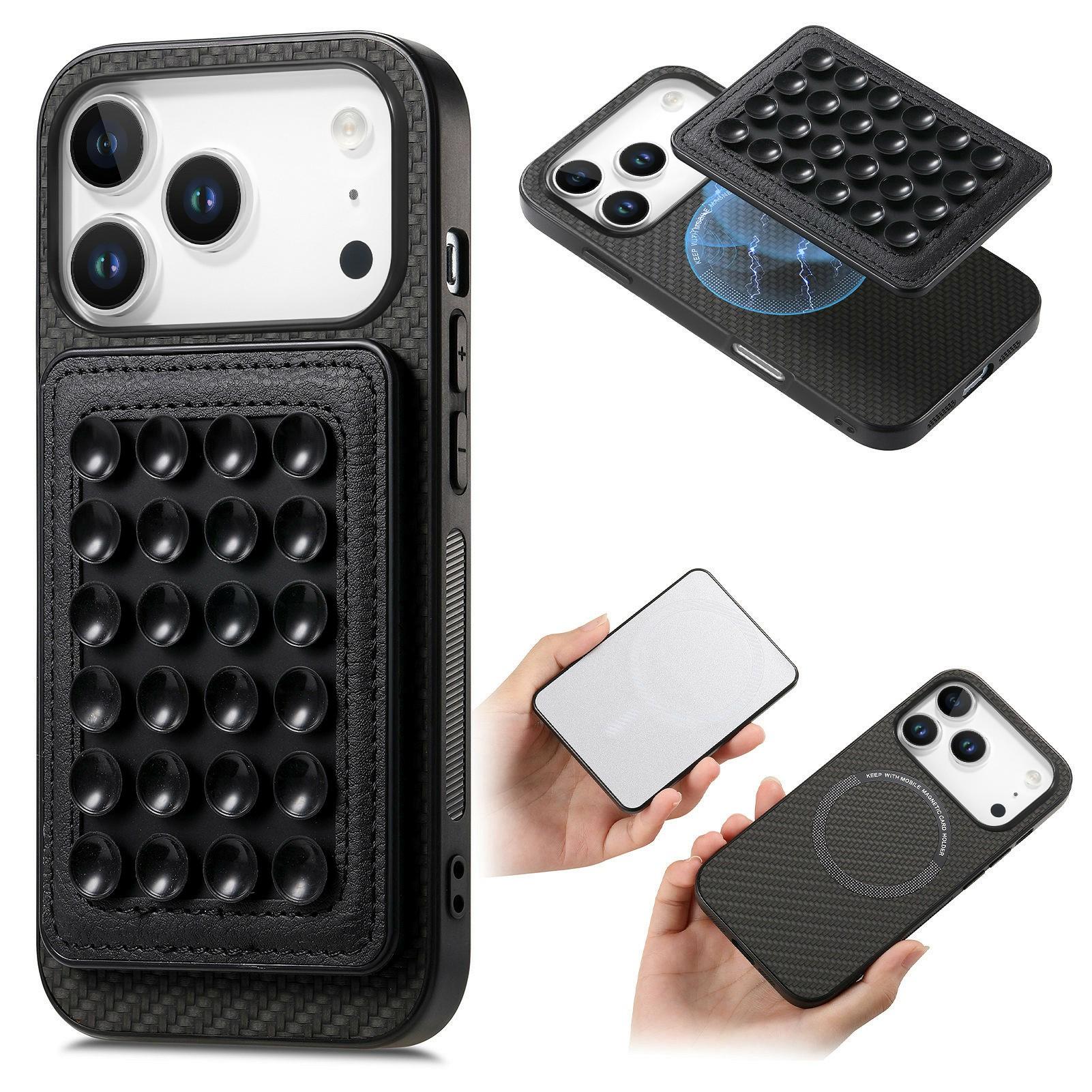 

For iPhone 17 Pro Max Case Carbon Fiber Texture Leather Back Cover with Magnetic Detachable Suction Cup