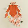 Baby Girl Halloween Flutter Sleeve Romper with Ghost/Pumpkin Pants & Headband - 3 Piece Set